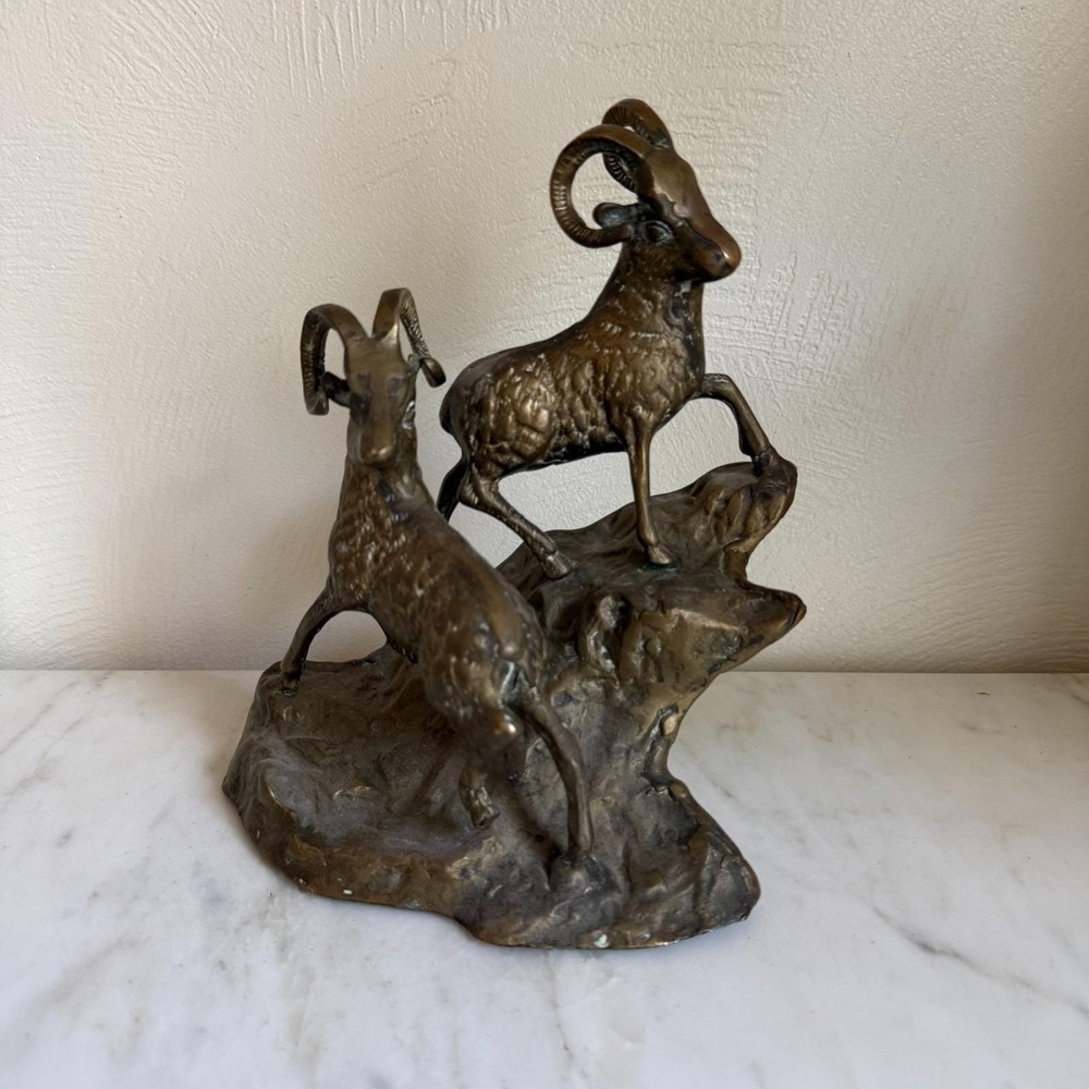 Vintage Brass MCM Sculpture Bighorn Sheep Rams on Rocky Mountain Ledge Heavy